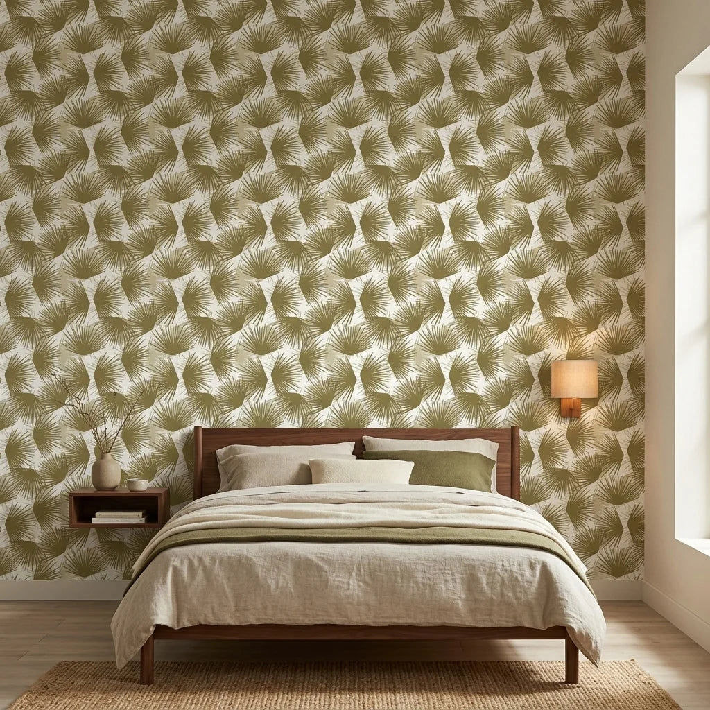 Wild Palm gold botanical peel and stick wallpaper adding character to a cozy bedroom