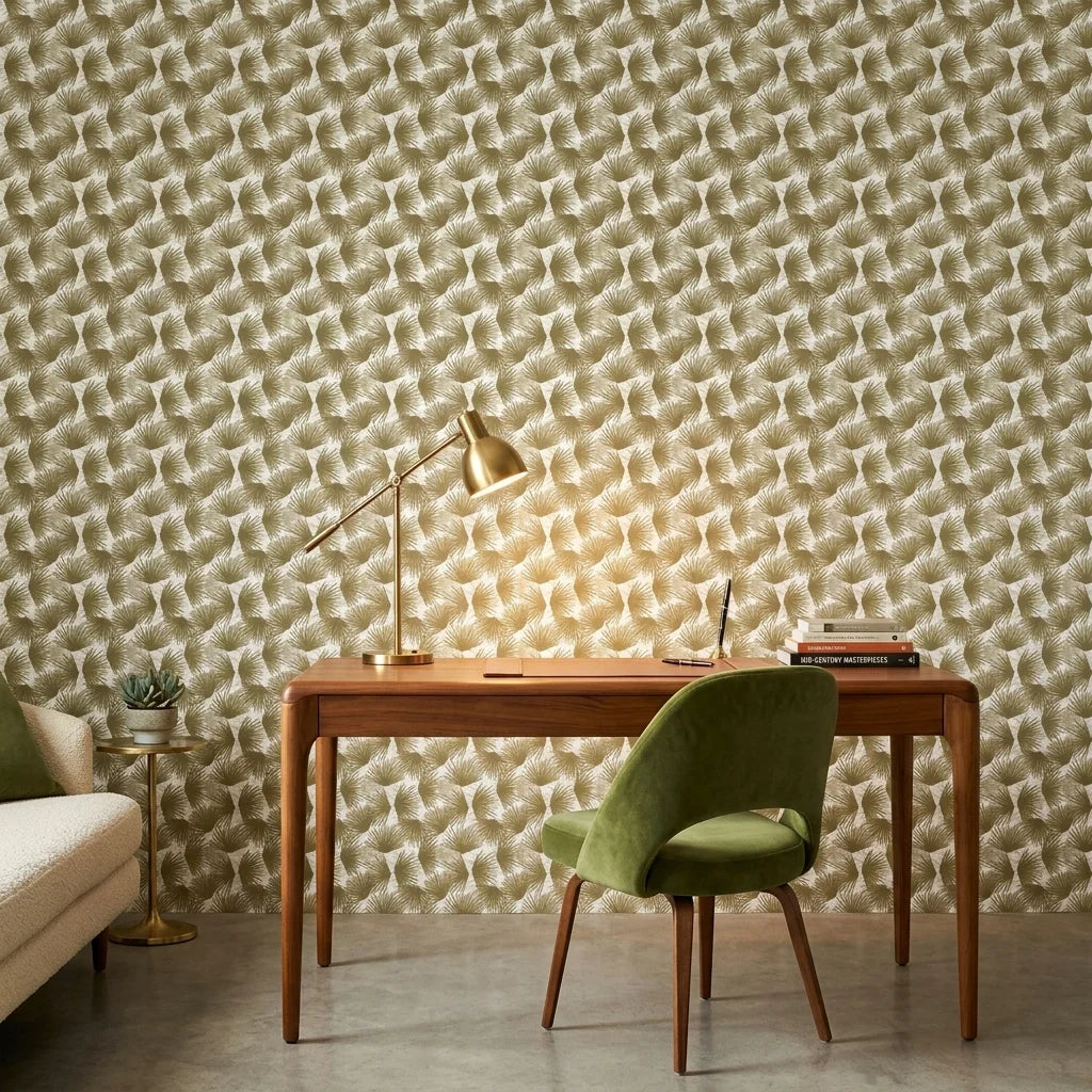 Wild Palm gold botanical peel and stick wallpaper as a feature wall in a bright home office