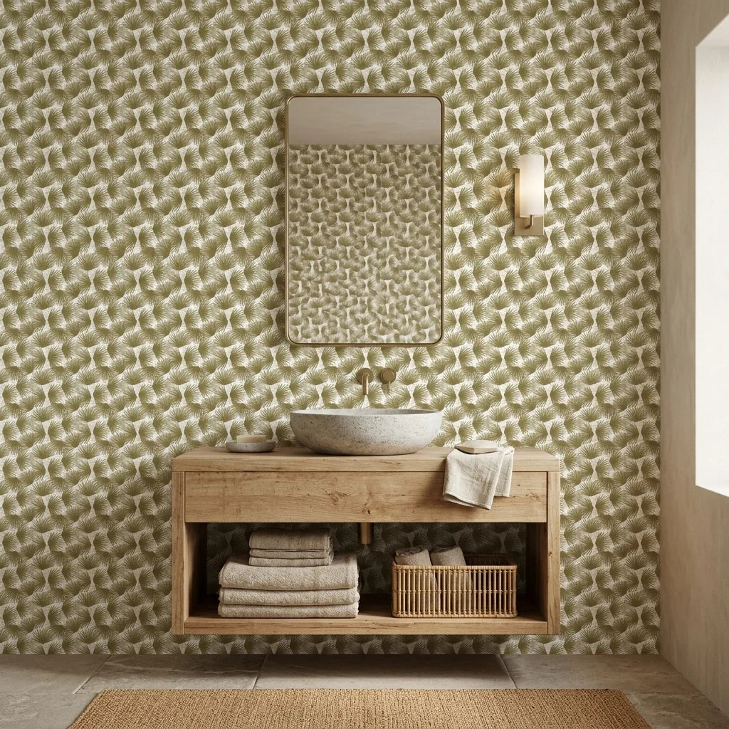 Wild Palm gold botanical peel and stick wallpaper creating ambiance in a serene bathroom