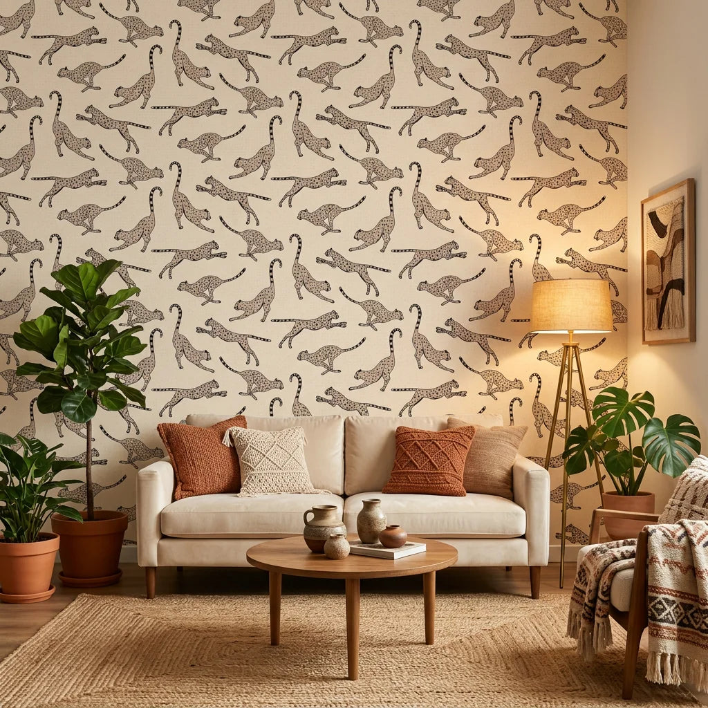 Wild Stride bold running cheetah in a warm and inviting living room