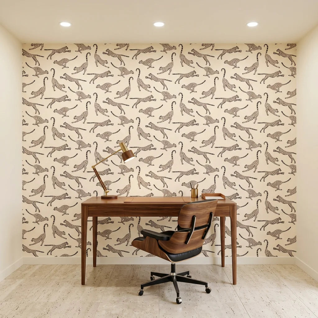 Wild Stride bold running cheetah as a feature wall in a bright home office