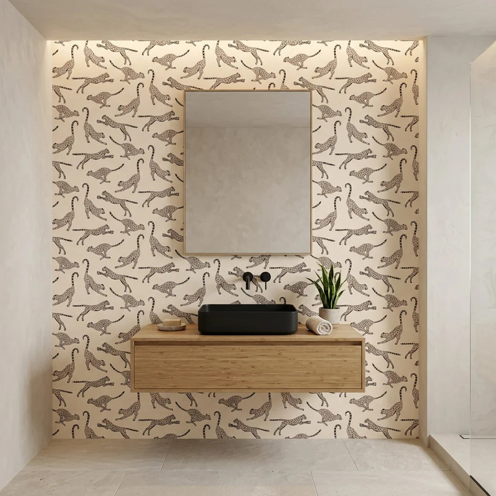 Wild Stride bold running cheetah creating ambiance in a serene bathroom
