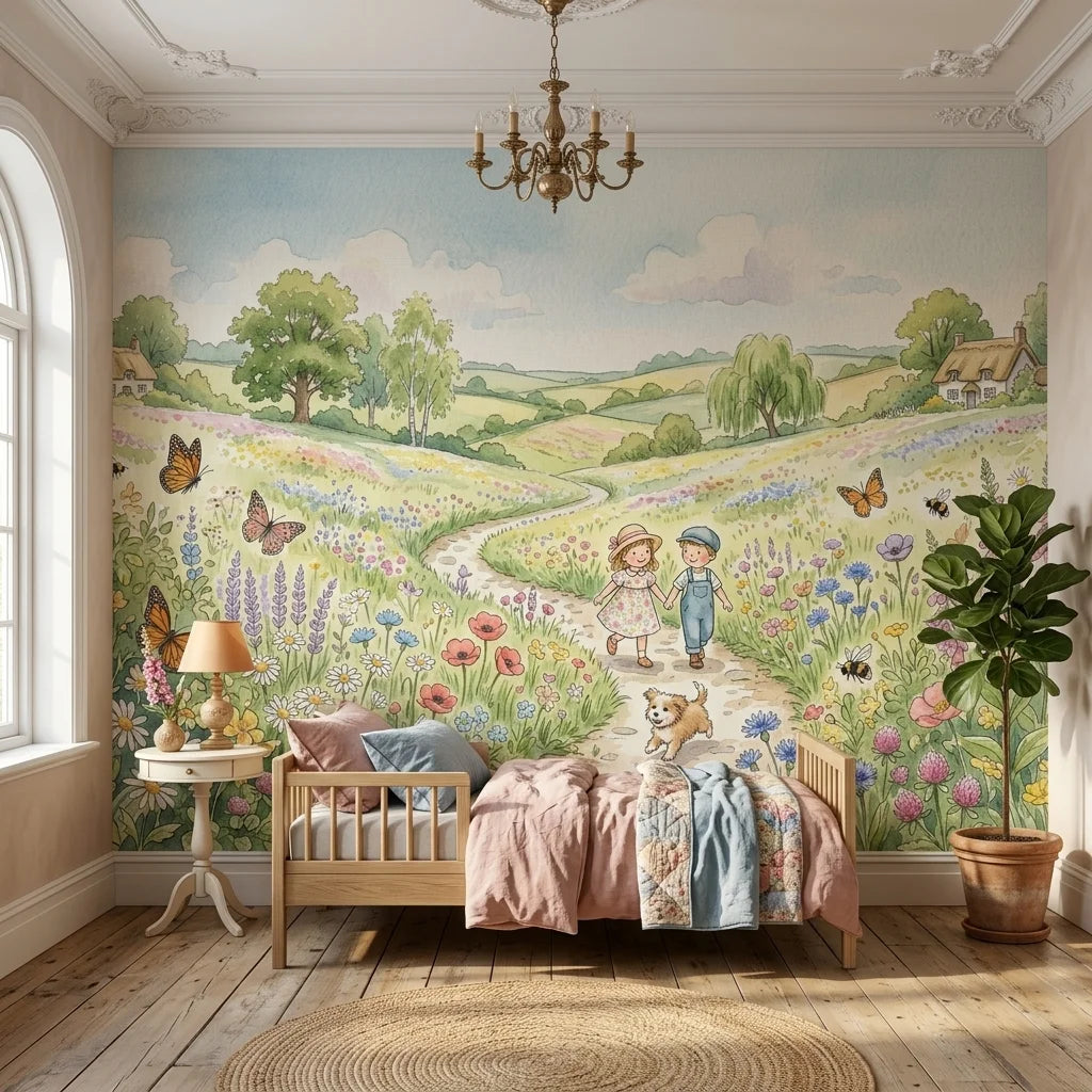 Whimsical Wildflower Wander mural wallpaper featuring children, butterflies, and countryside meadow in child's bedroom