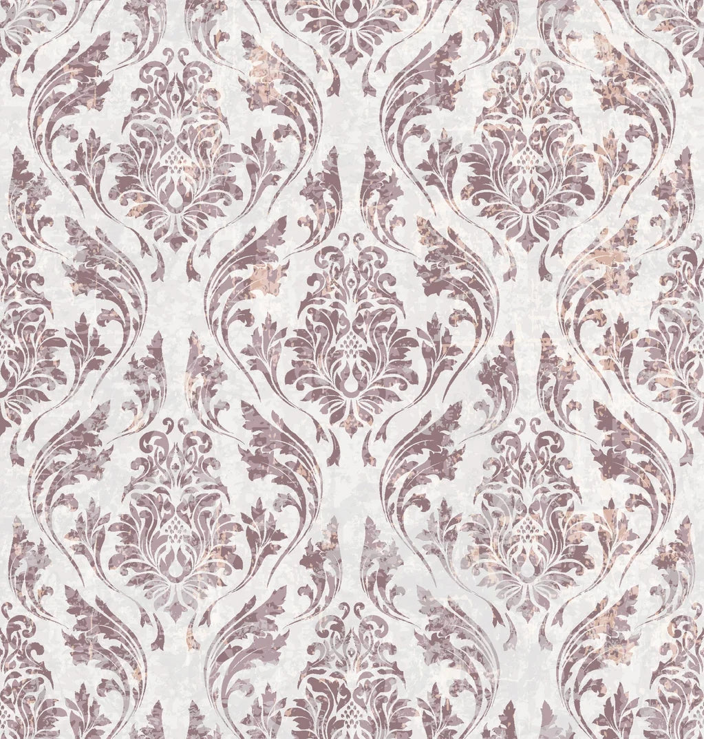 Elegant Wildwood Silk wallpaper featuring mauve damask scrollwork with distressed texture on cream background