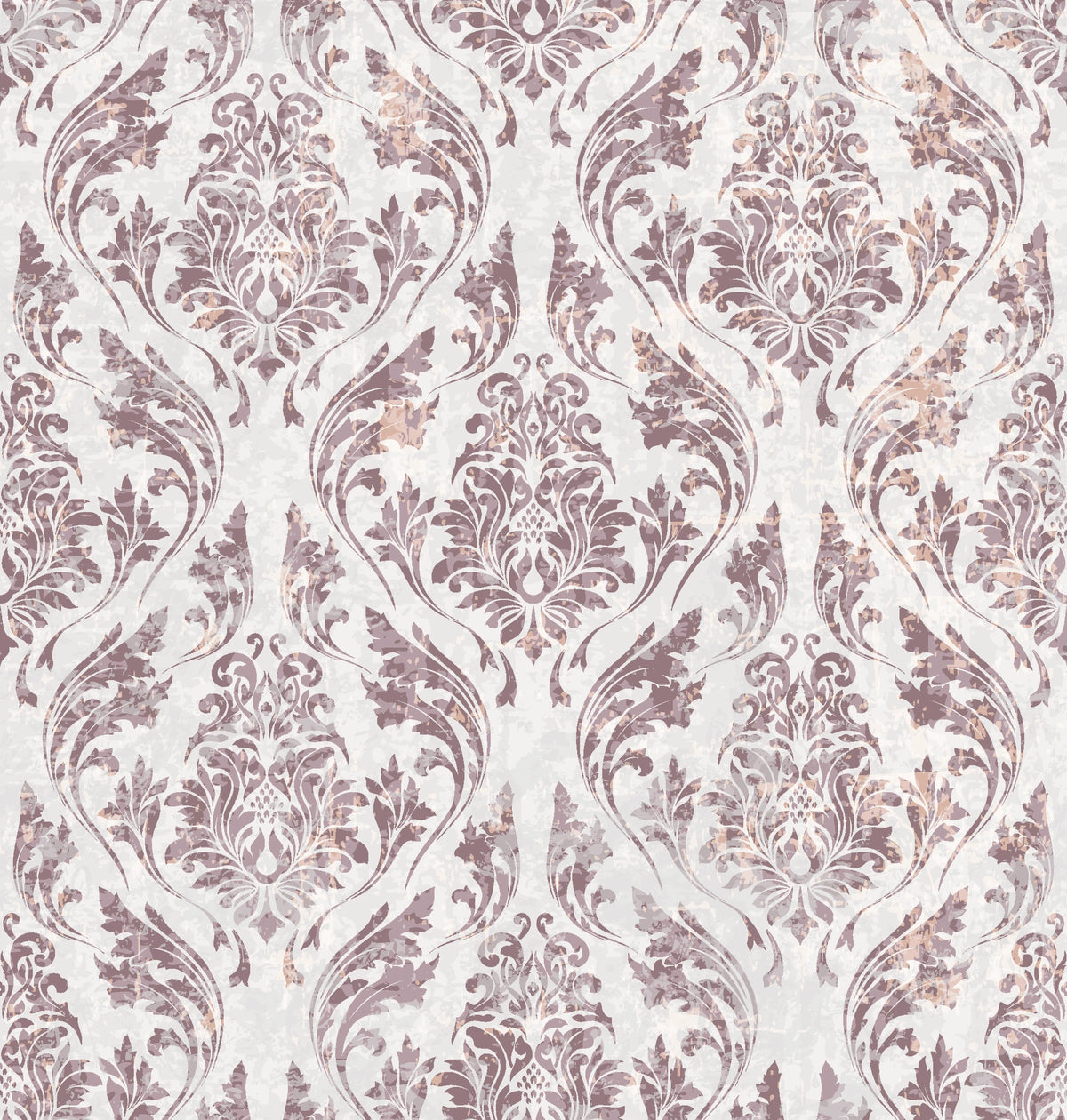 Elegant Wildwood Silk wallpaper featuring mauve damask scrollwork with distressed texture on cream background