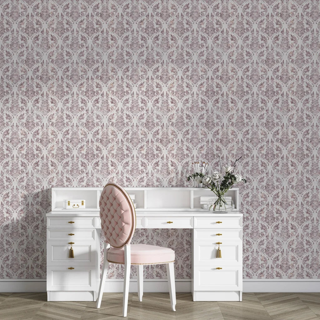 Mauve and cream Wildwood Silk damask wallpaper in elegant dressing room with white vanity desk