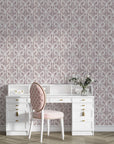 Mauve and cream Wildwood Silk damask wallpaper in elegant dressing room with white vanity desk