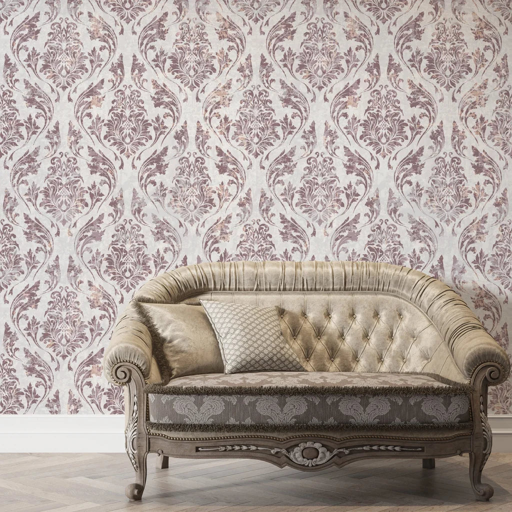 Wildwood Silk damask wallpaper in mauve and cream tones displayed on elegant living room accent wall
