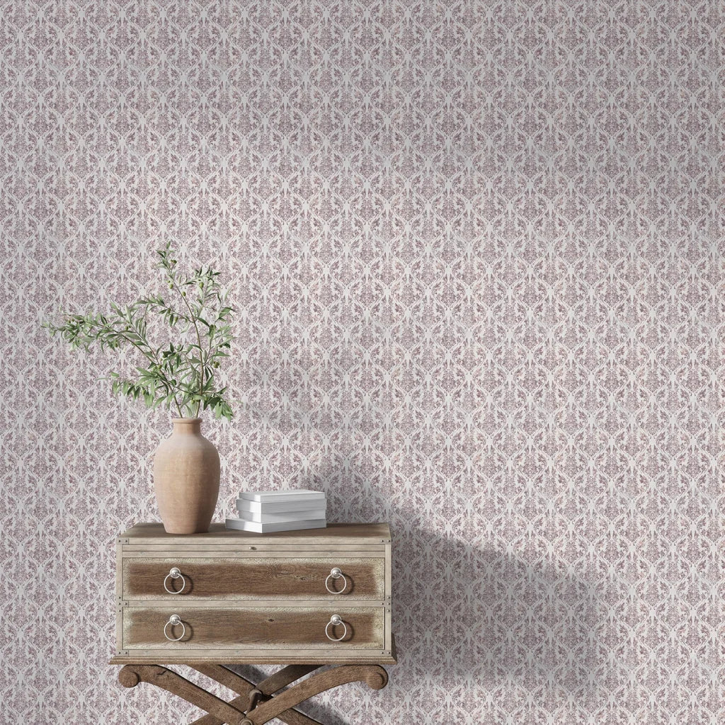 Mauve and cream Wildwood Silk damask wallpaper in cottage-style bedroom setting