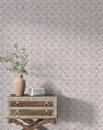 Mauve and cream Wildwood Silk damask wallpaper in cottage-style bedroom setting