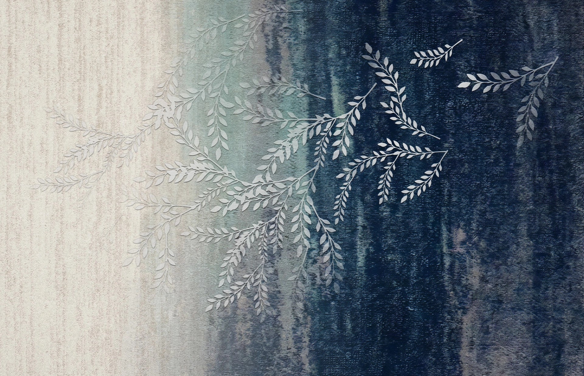 Willow Branches removable wallpaper showing sage green to navy ombre with delicate botanical silhouettes