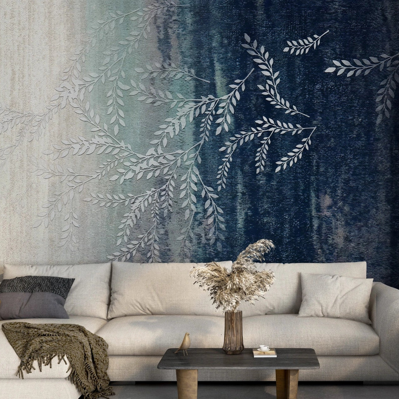 Ombré blue to cream Willow Branches wallpaper with botanical motifs on modern living room accent wall