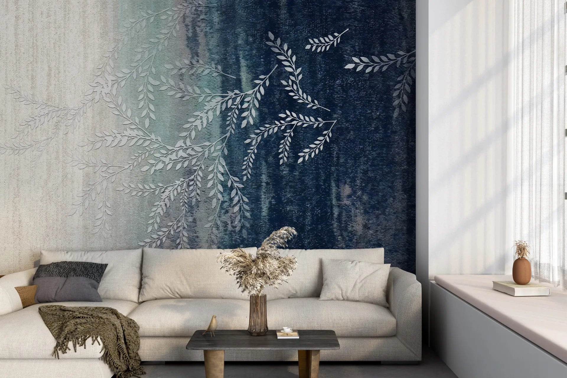 Ombré blue to cream Willow Branches wallpaper with delicate botanical motifs in modern living room