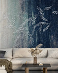 Ombré blue to cream Willow Branches wallpaper with botanical motifs on modern living room accent wall
