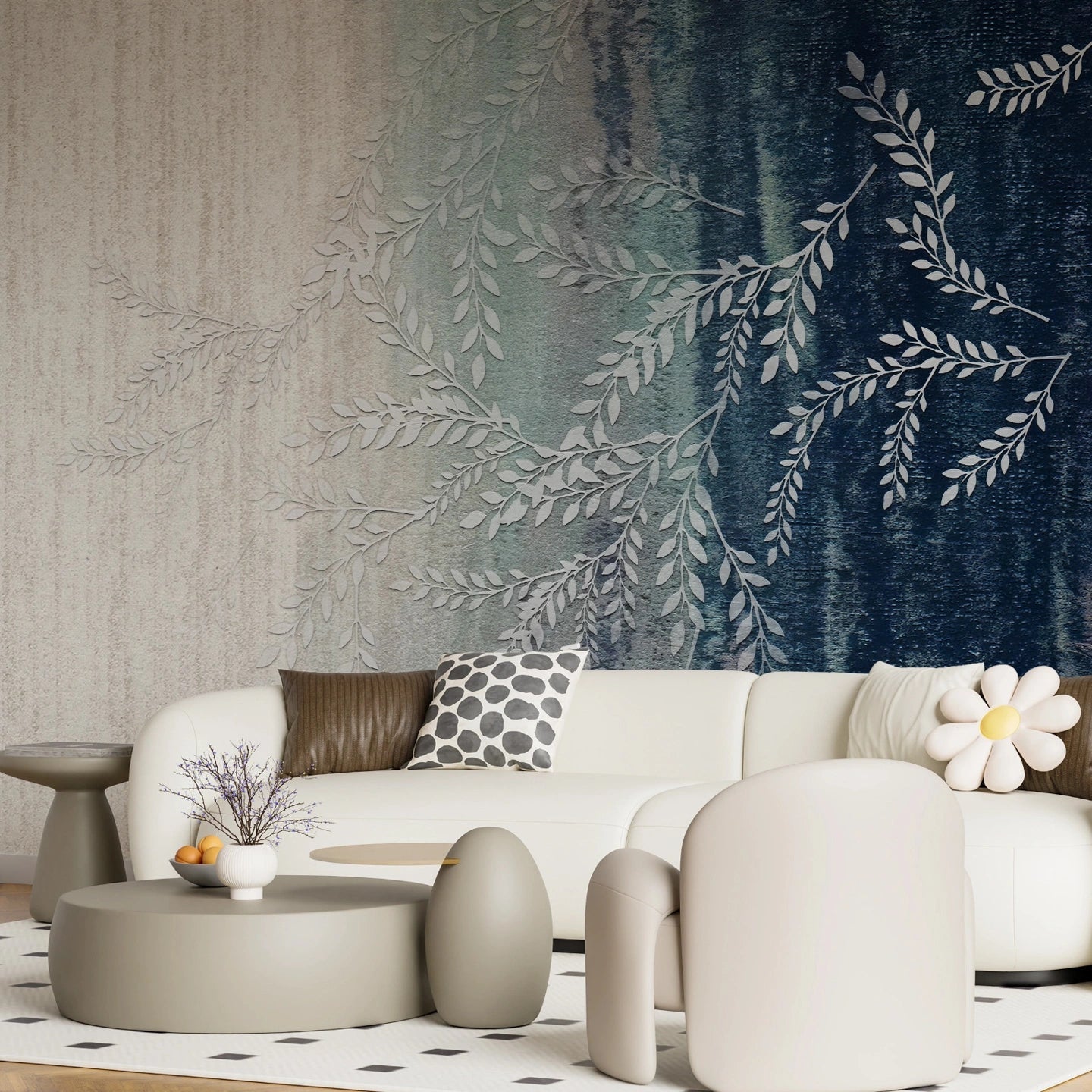 Ombré teal to beige Willow Branches wallpaper with delicate botanical motifs in modern living room