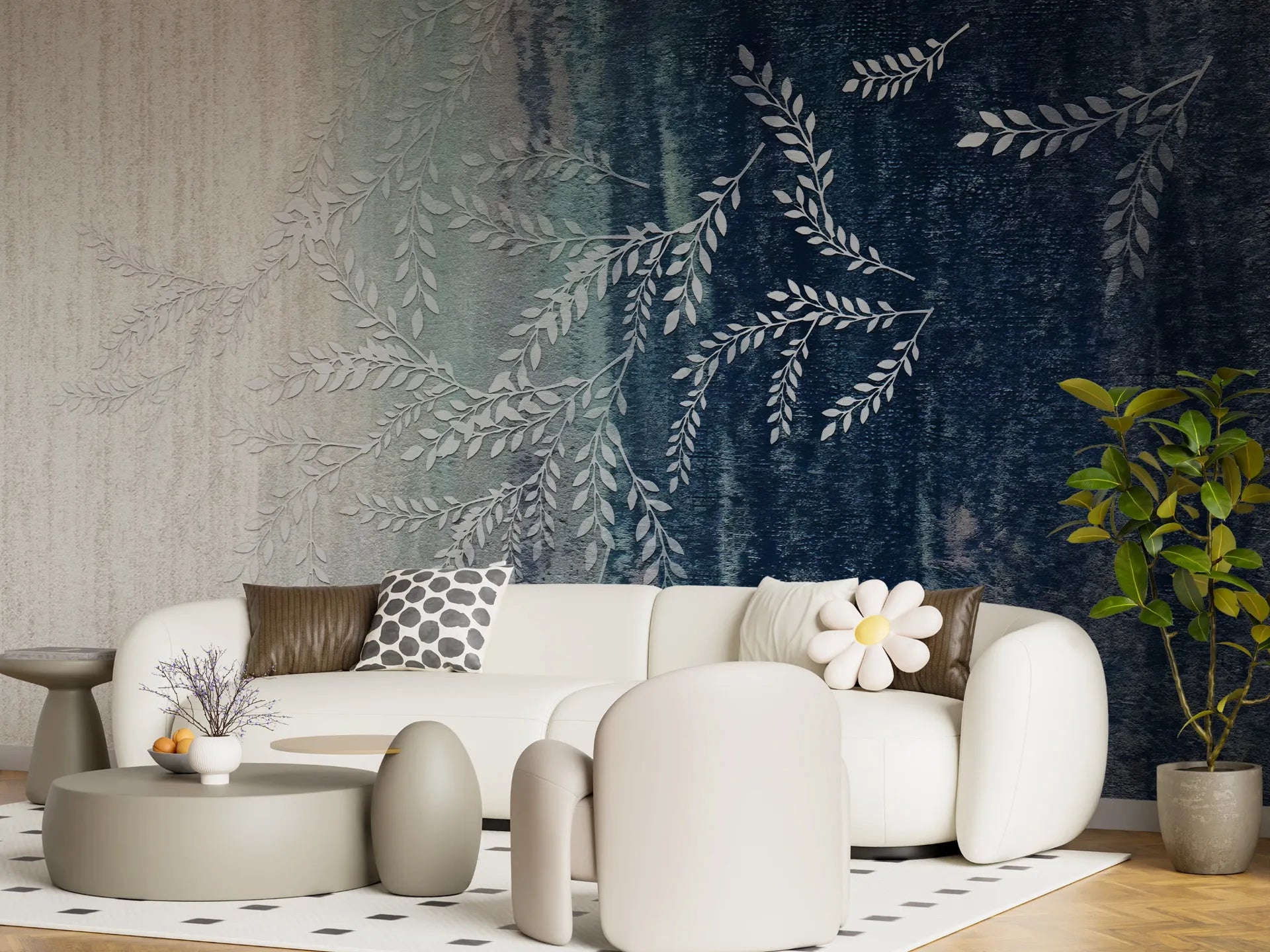 Ombre blue and cream Willow Branches wallpaper with botanical fern motifs in modern living room