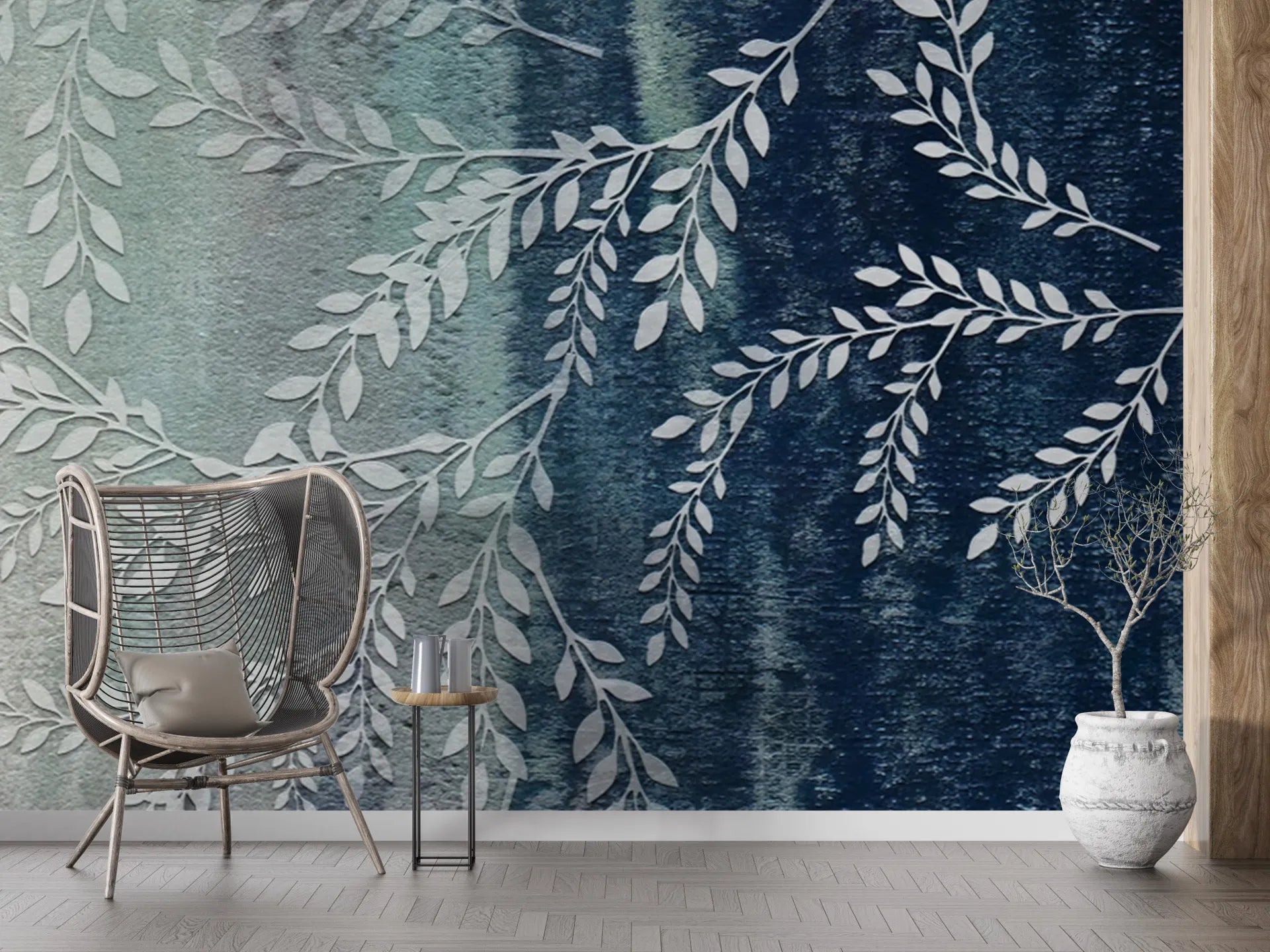 Willow Branches removable wallpaper in teal and navy ombre with botanical leaf motifs on modern living room wall