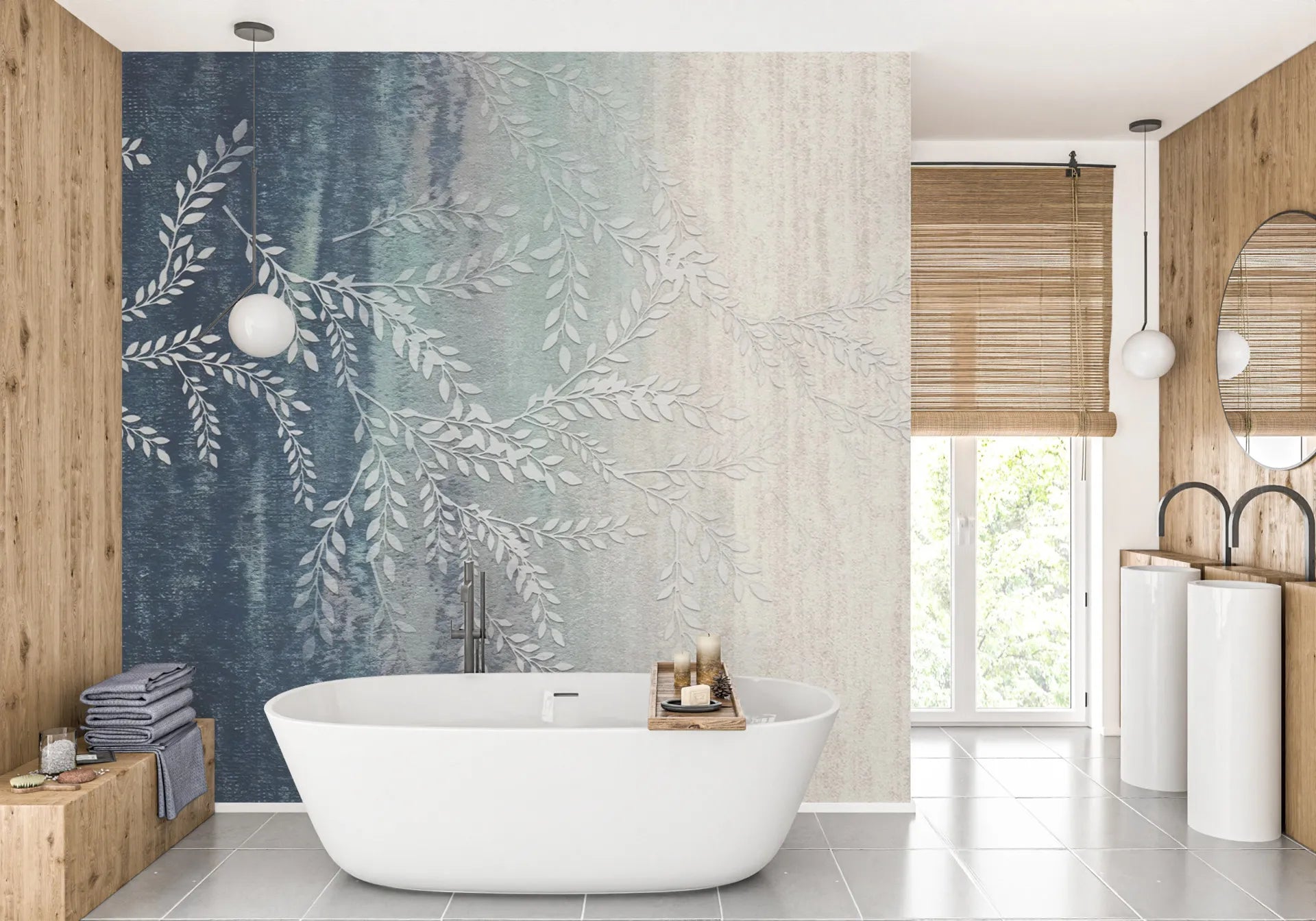 Navy to cream ombre Willow Branches wallpaper with textured botanical relief in spa bathroom