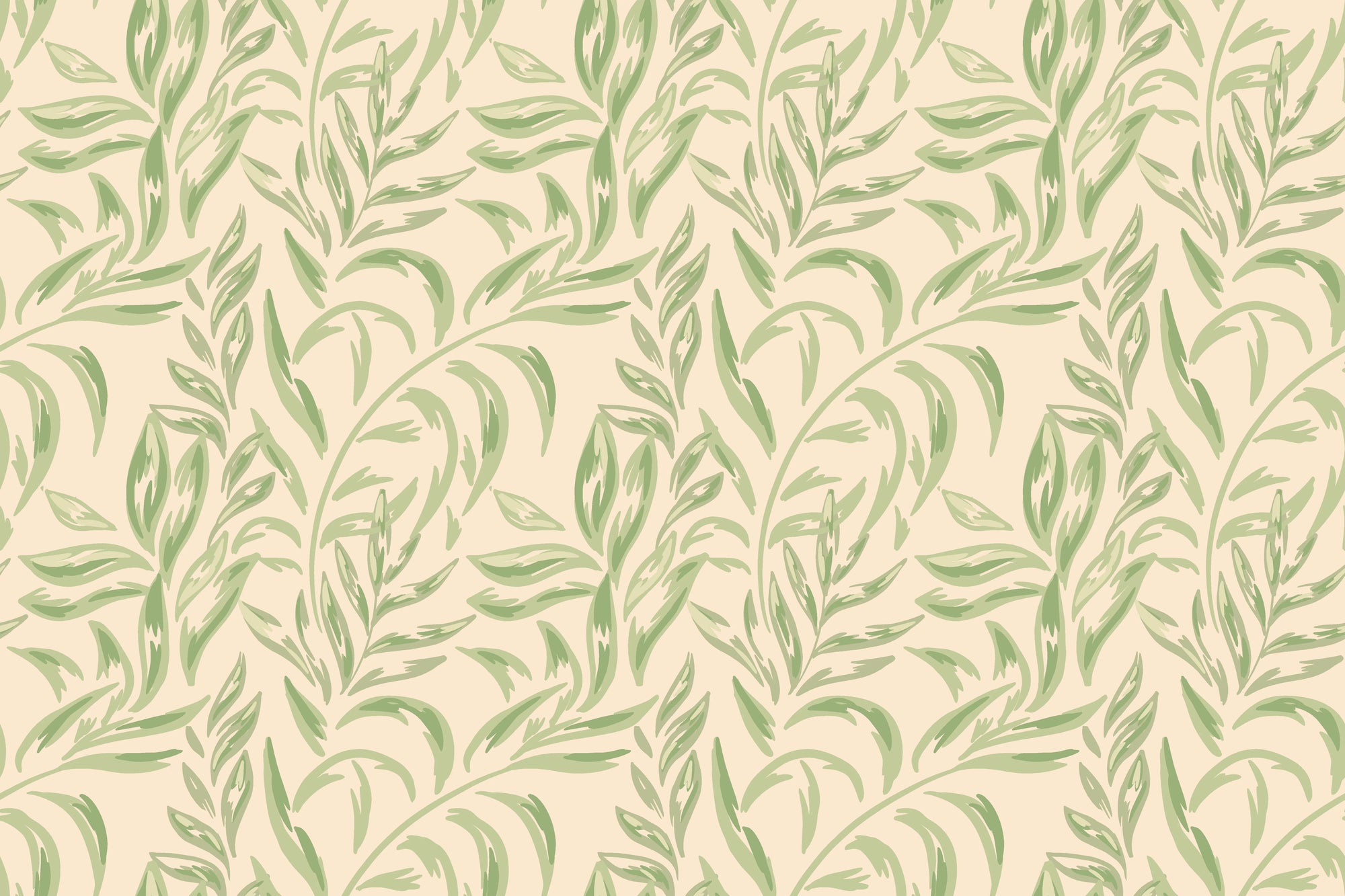 Canvas-like green leaf vine peel and stick wallpaper on cream - Willow Trace