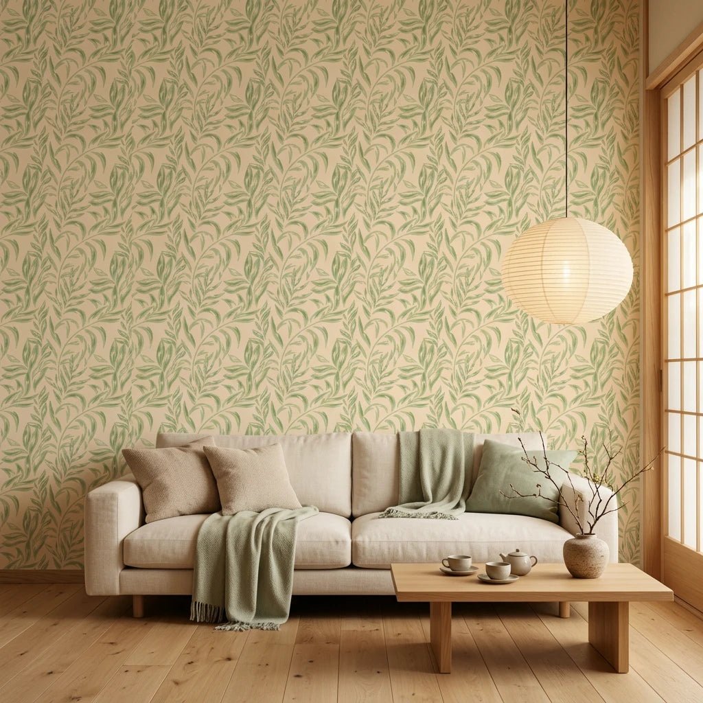 Willow Trace serene green leaf vine wallpaper in a warm and inviting living room