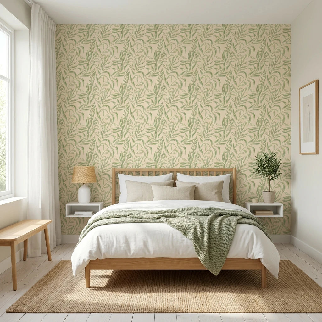 Willow Trace serene green leaf vine wallpaper adding character to a cozy bedroom