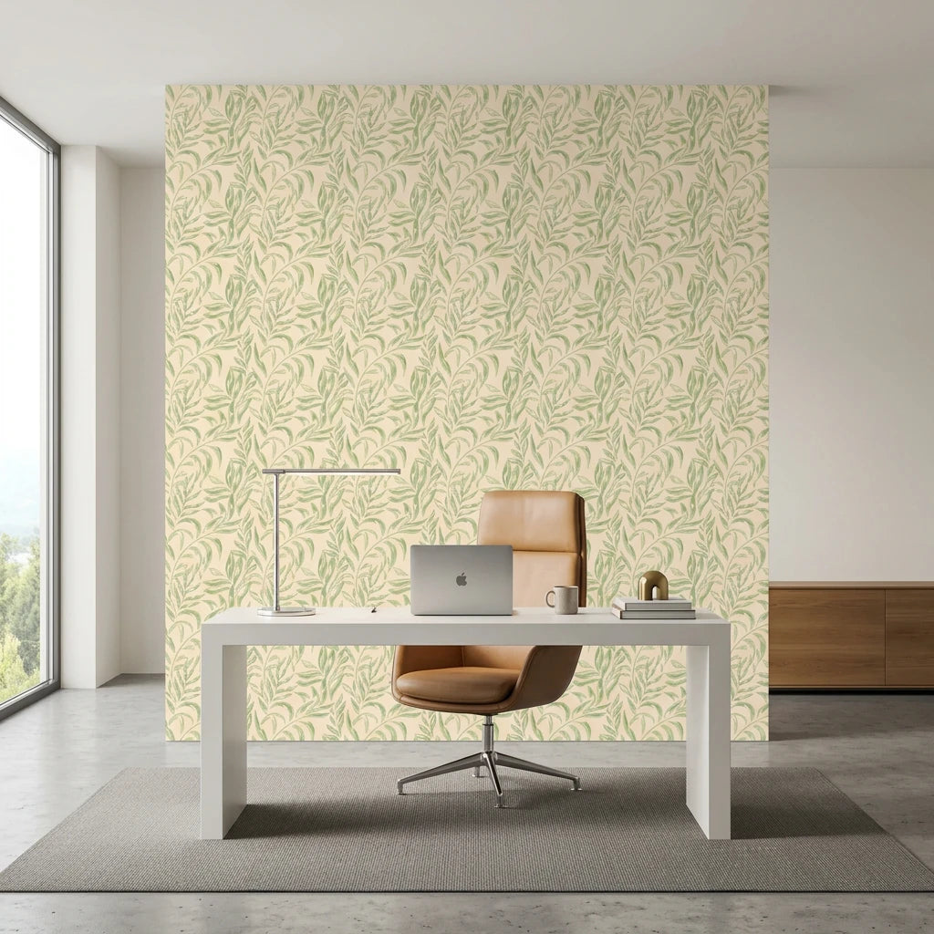 Willow Trace serene green leaf vine wallpaper as a feature wall in a bright home office