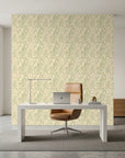 Willow Trace serene green leaf vine wallpaper as a feature wall in a bright home office