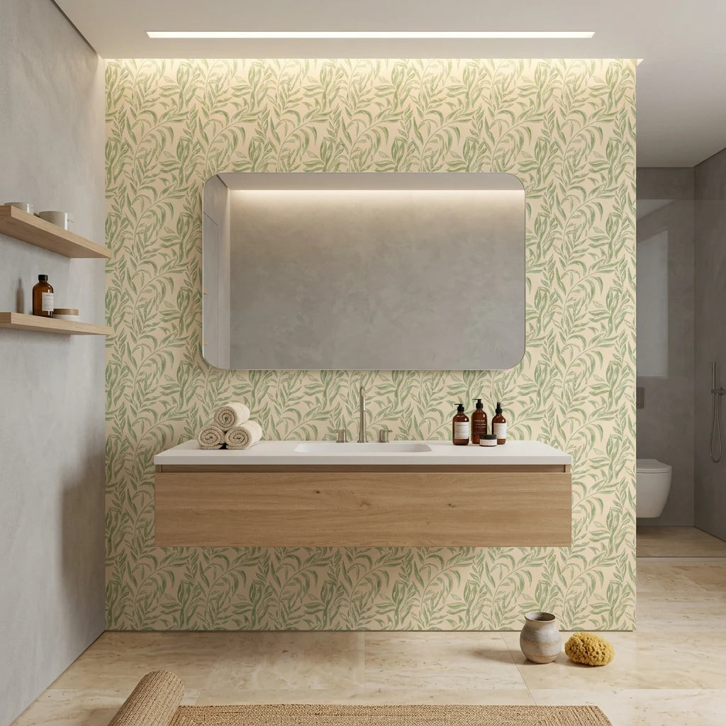 Willow Trace serene green leaf vine wallpaper creating ambiance in a serene bathroom