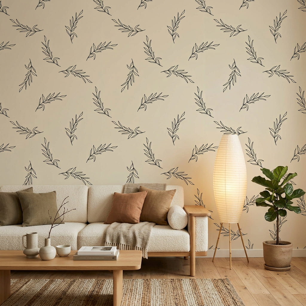 Willow Whisper minimalist black botanical wallpaper in a warm and inviting living room