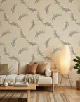 Willow Whisper minimalist black botanical wallpaper in a warm and inviting living room