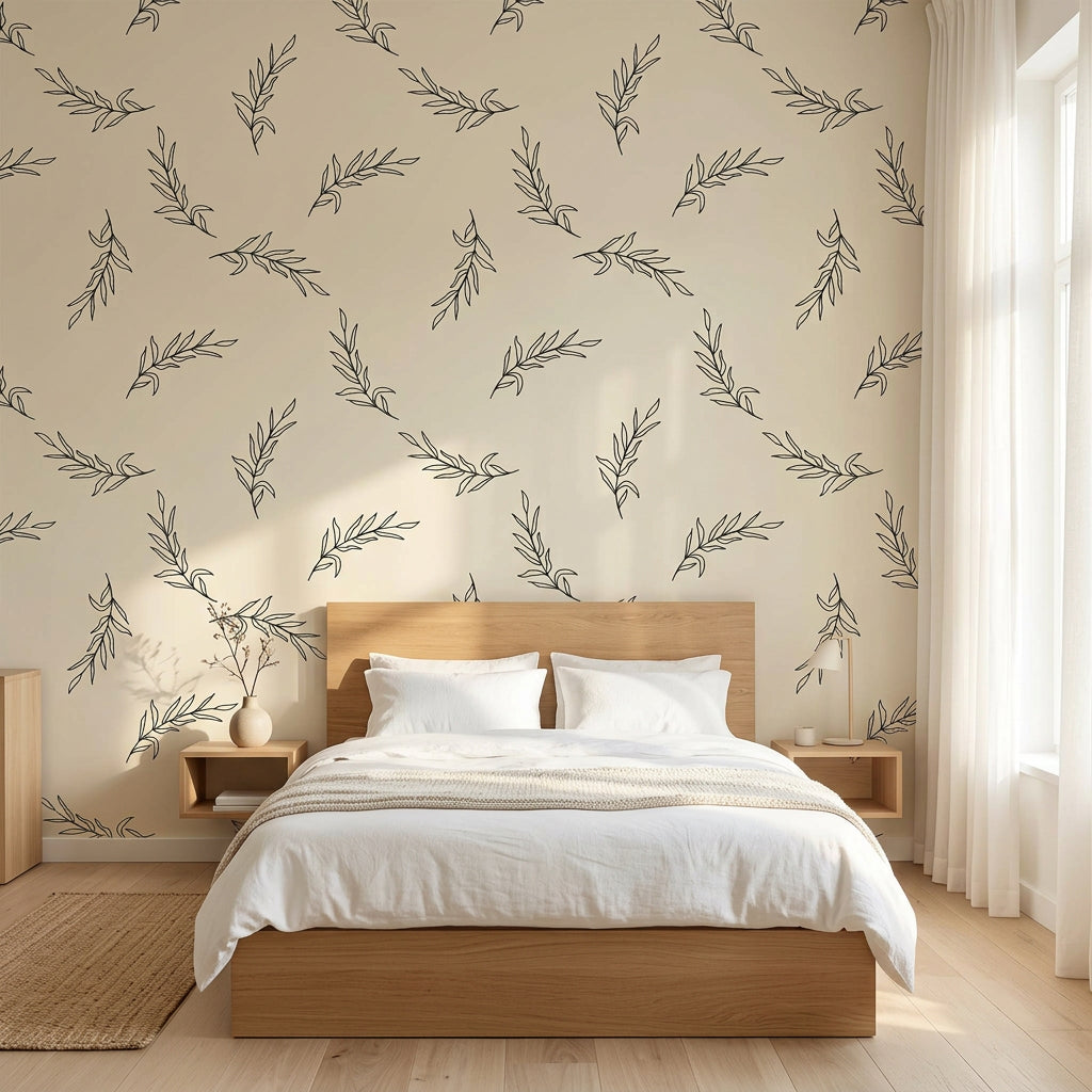 Willow Whisper minimalist black botanical wallpaper adding character to a cozy bedroom