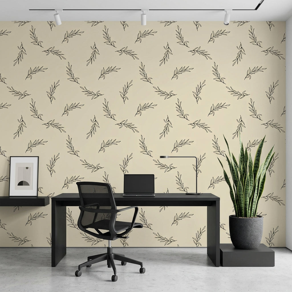 Willow Whisper minimalist black botanical wallpaper as a feature wall in a bright home office