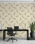 Willow Whisper minimalist black botanical wallpaper as a feature wall in a bright home office