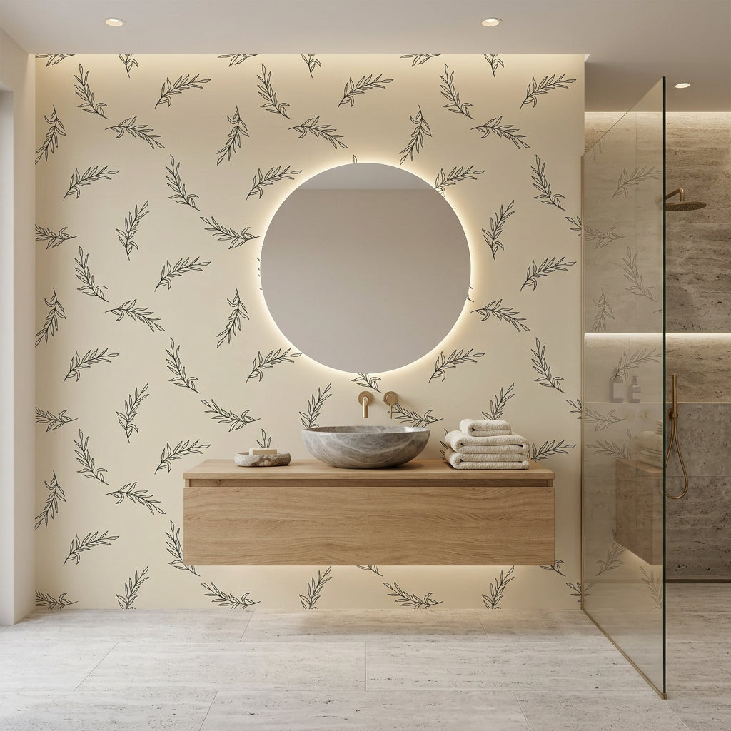 Willow Whisper minimalist black botanical wallpaper creating ambiance in a serene bathroom