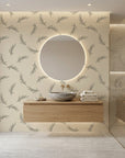Willow Whisper minimalist black botanical wallpaper creating ambiance in a serene bathroom