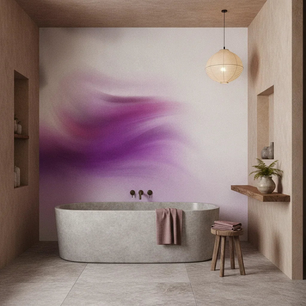Windswept Bloom dreamy purple abstract as a feature wall in a bright home office