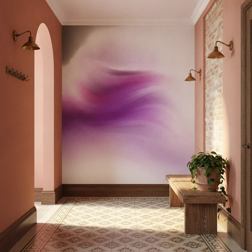 Windswept Bloom dreamy purple abstract creating ambiance in a serene bathroom