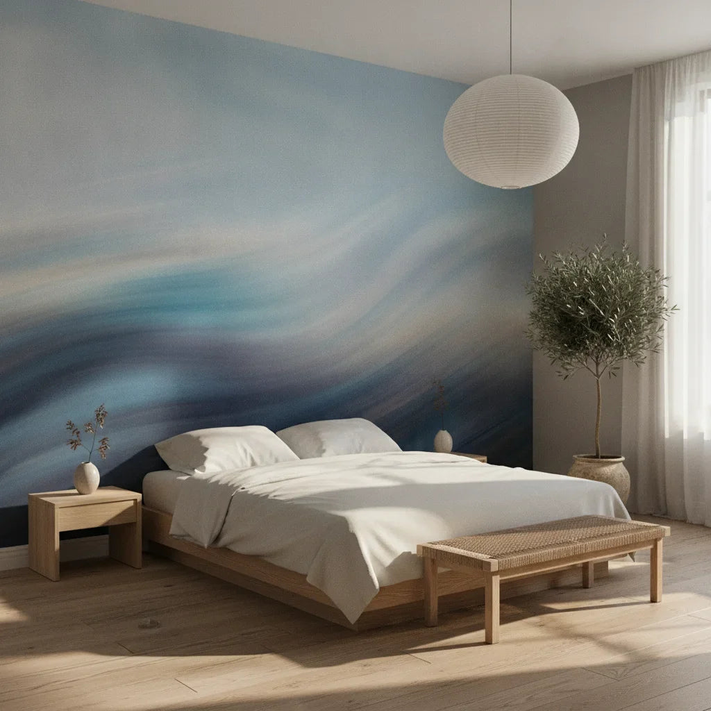 Windswept Current serene blue abstract in a warm and inviting living room