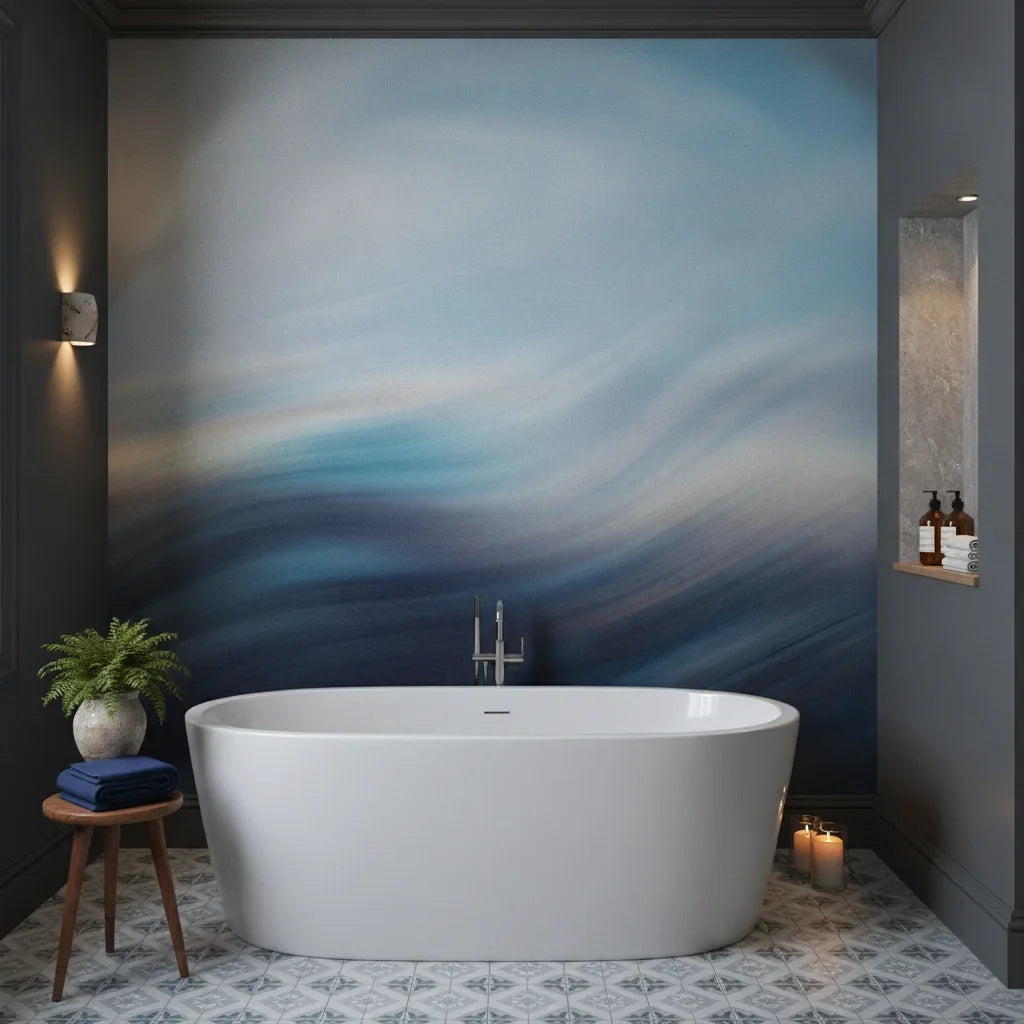 Windswept Current serene blue abstract as a feature wall in a bright home office