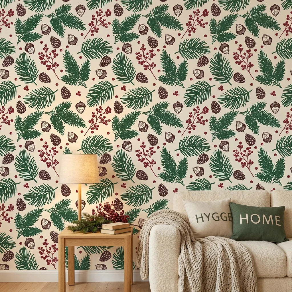 Textured cream winter botanical pine berry peel and stick wallpaper - Winter Forage