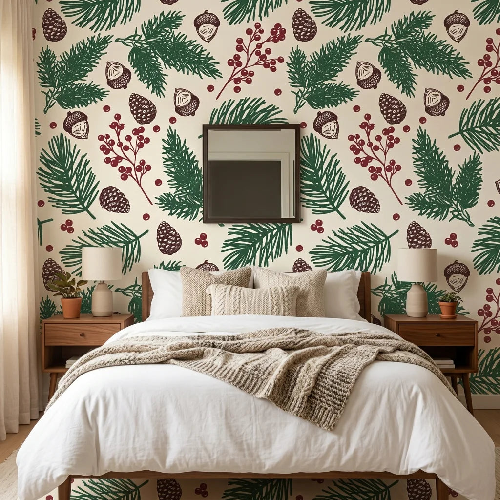 Textured cream winter botanical pine berry peel and stick wallpaper - Winter Forage in a warm living room