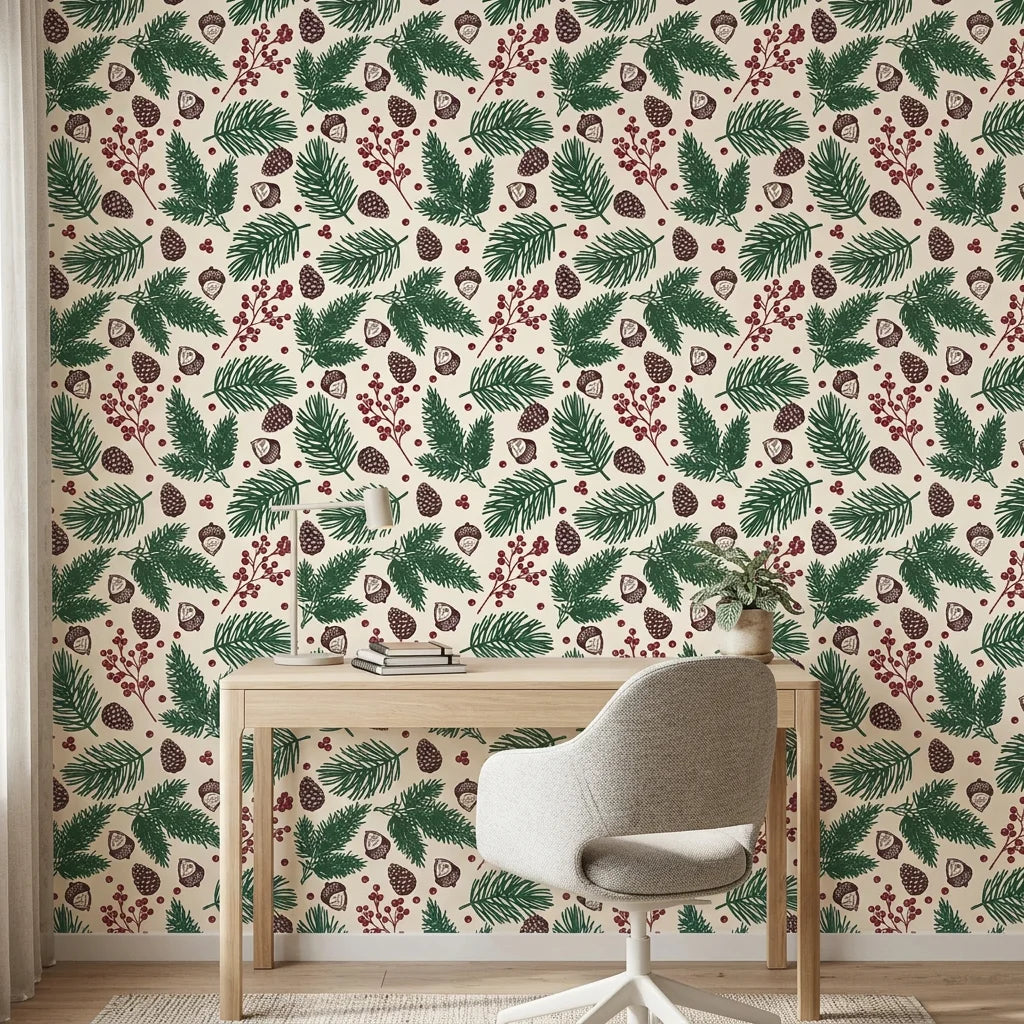 Textured cream winter botanical pine berry peel and stick wallpaper - Winter Forage adding character to a bedroom