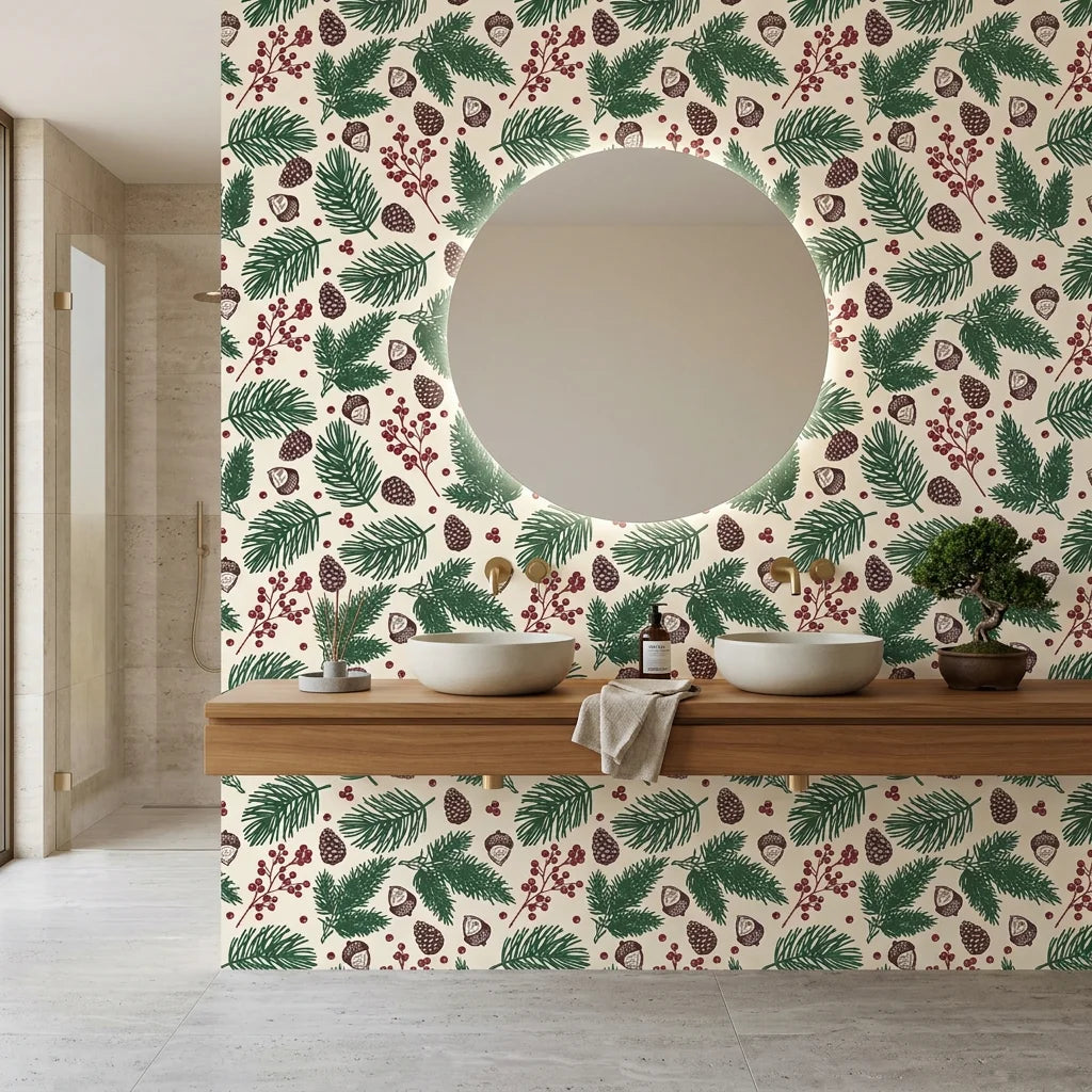 Textured cream winter botanical pine berry peel and stick wallpaper - Winter Forage as a feature wall in an office