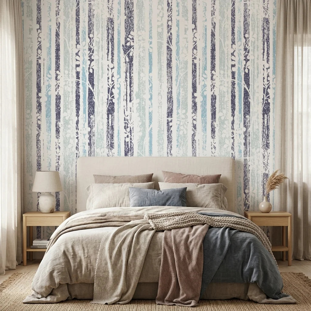 Winter Grove cool tone botanical peel and stick wallpaper adding character to a cozy bedroom