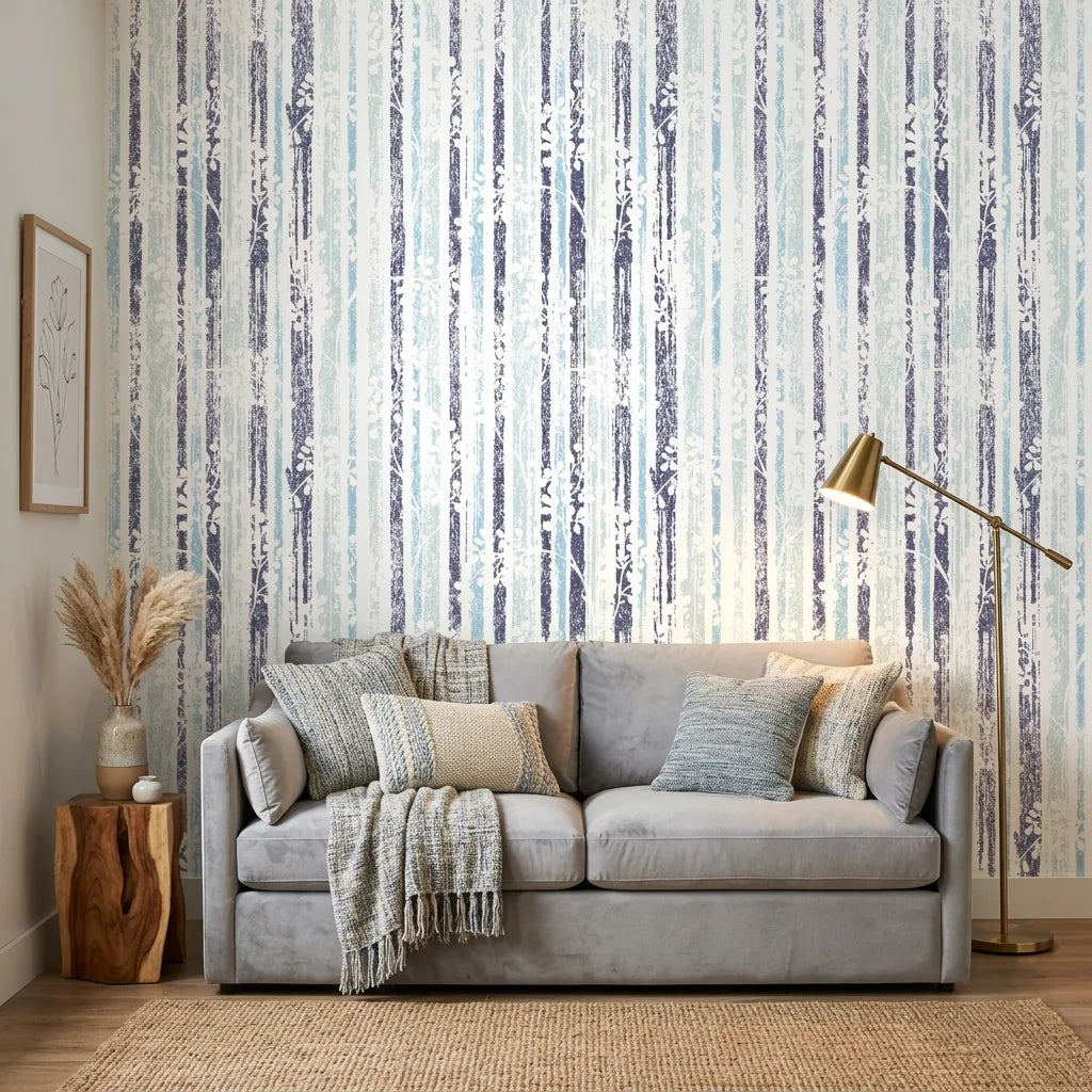 Winter Grove cool tone botanical peel and stick wallpaper in a warm and inviting living room