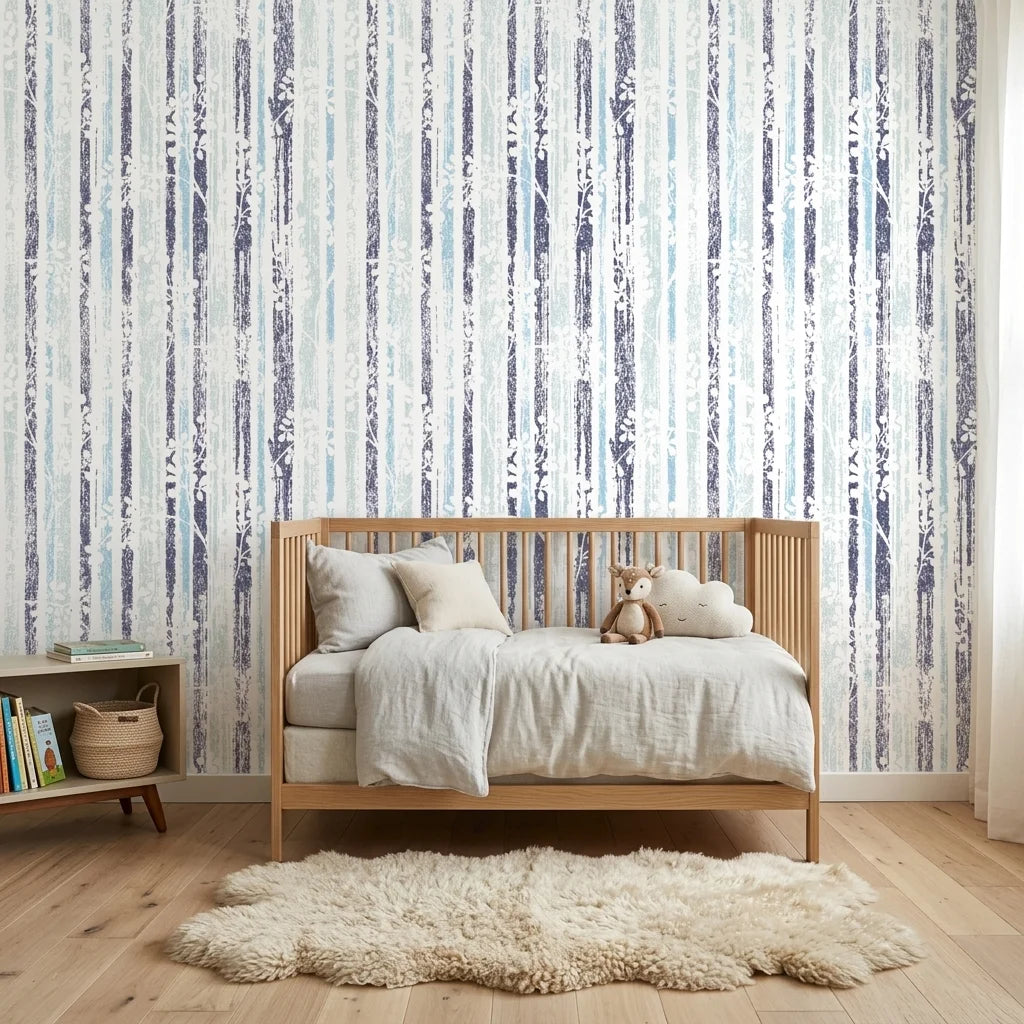 Winter Grove cool tone botanical peel and stick wallpaper bringing warmth to a peaceful nursery