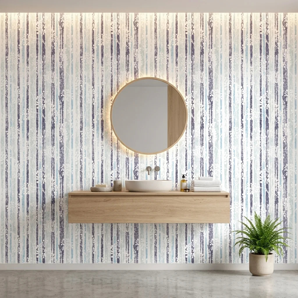 Winter Grove cool tone botanical peel and stick wallpaper creating ambiance in a serene bathroom