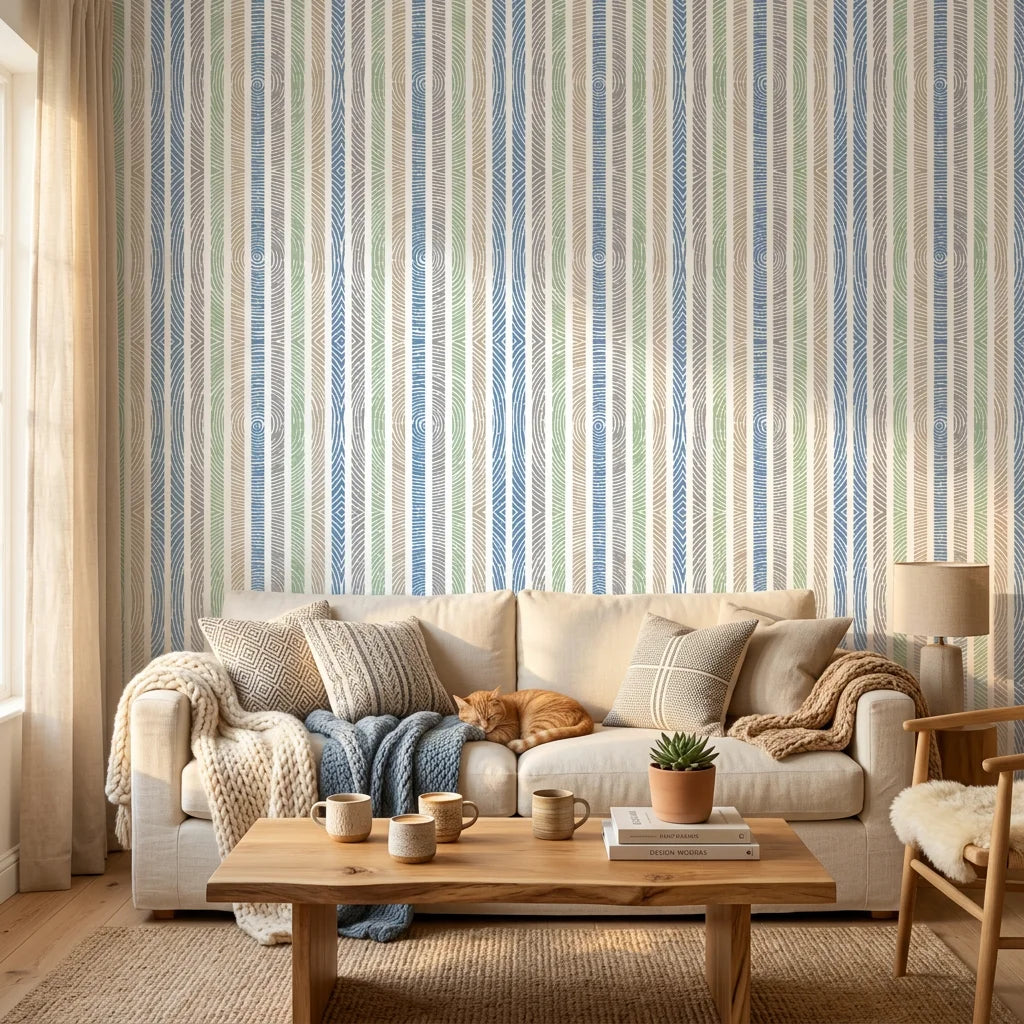 Smooth colorful wood grain ring stripe peel and stick wallpaper - Woodland Cross