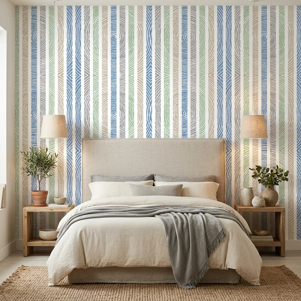 Smooth colorful wood grain ring stripe peel and stick wallpaper - Woodland Cross in a warm living room