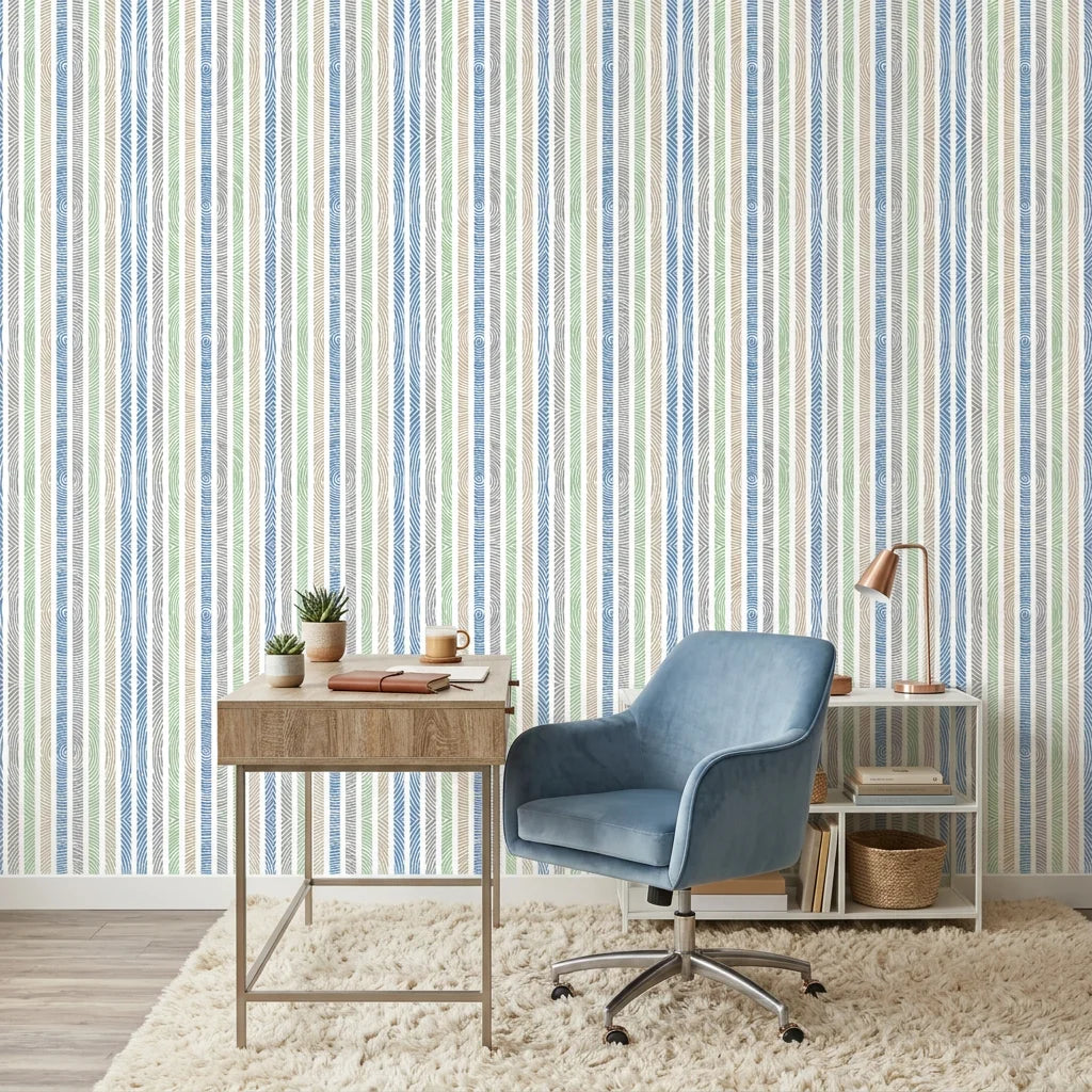 Smooth colorful wood grain ring stripe peel and stick wallpaper - Woodland Cross adding character to a bedroom